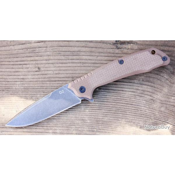 Couteau Tactical ABKT Tac Predator Desert Tan Lame Acier D2 Manche G-10 Linerlock Clip AB026T