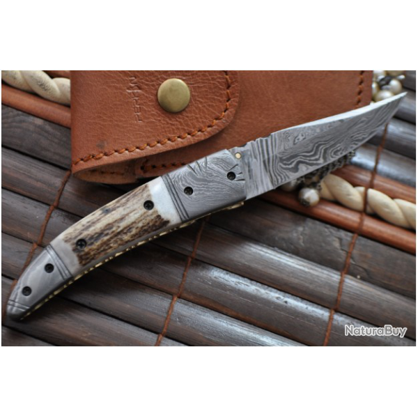 LAME DAMAS - Couteau de poche pliant - Bois de cerf (2)