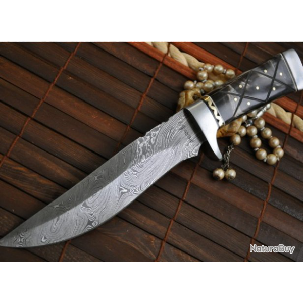 LAME DAMAS - Tr�s beau couteau de chasse Damas insert laiton (3)