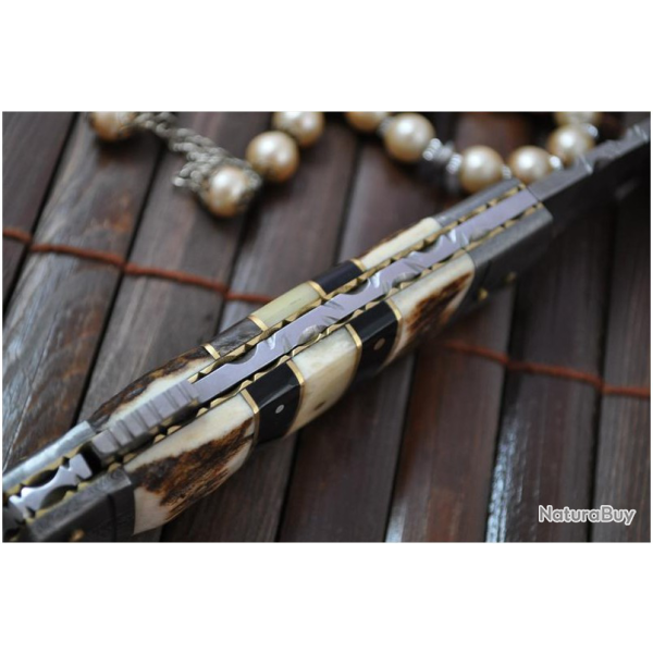 LAME DAMAS - Couteau de poche pliant en acier Damas avec cran de s�ret� (F.BK)