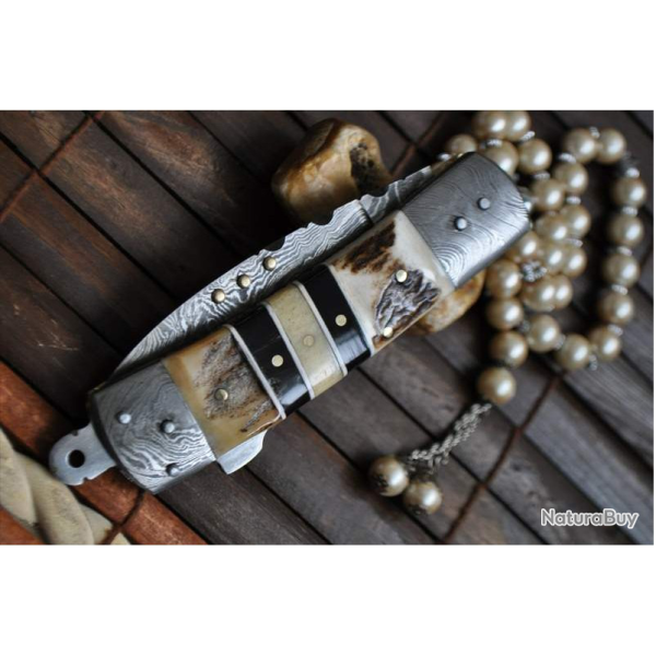 LAME DAMAS - Couteau de poche pliant en acier Damas avec cran de s�ret�