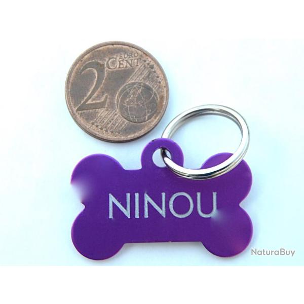 MEDAILLE Grav�e chien chiot violette "os" petit mod�le gravure, personnalisation offerte