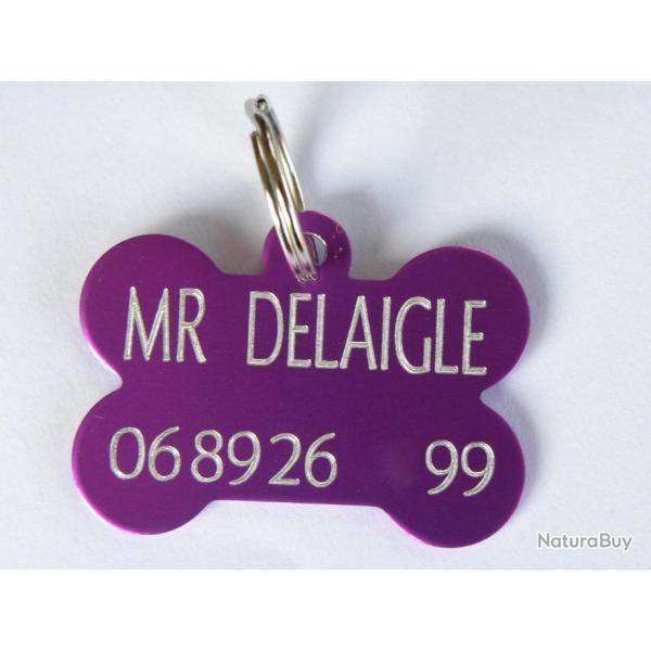 MEDAILLE Grav�e chien violette "os" moyen mod�le gravure, personnalisation offerte