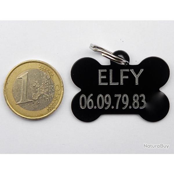 MEDAILLE Grav�e chien noire "os" moyen mod�le gravure, personnalisation offerte