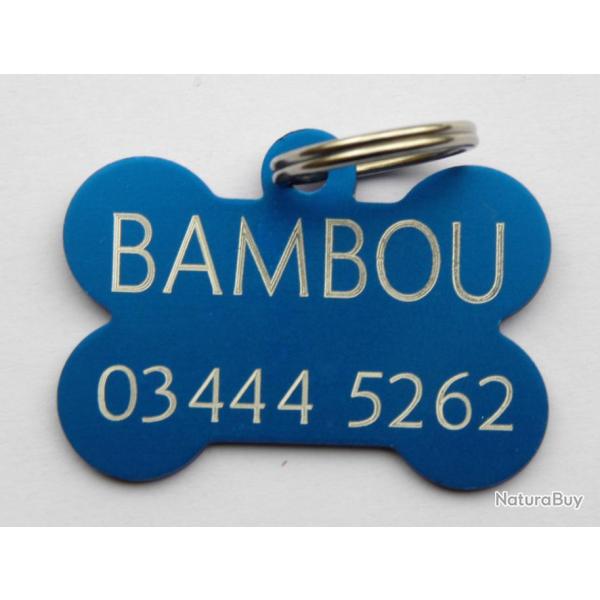 MEDAILLE Grav�e chien bleu "os" moyen mod�le gravure, personnalisation offerte