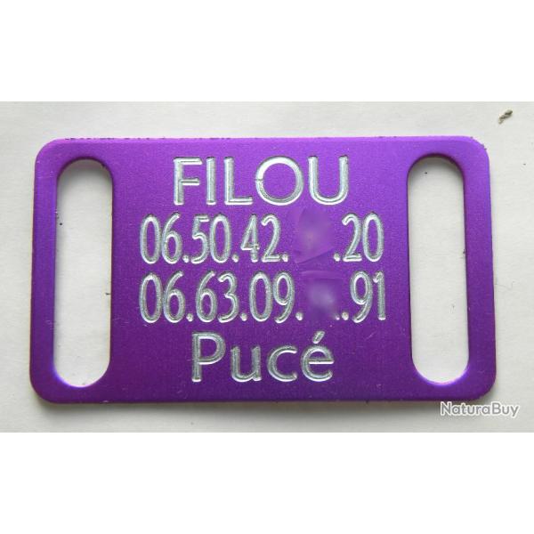 PLAQUE M�daille grav�e violette collier Chien harnais gravure offerte gm