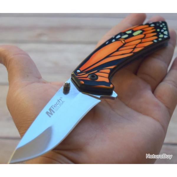 Couteau MTech Butterfly A/O Orange Manche D�cor Papillon Lame Acier 3CR13 Framelock MTA1005OR