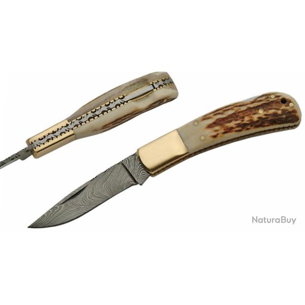 Couteau Damas 128 Couches Manche Os Fa�on Bois de Cerf Lockback DM1168