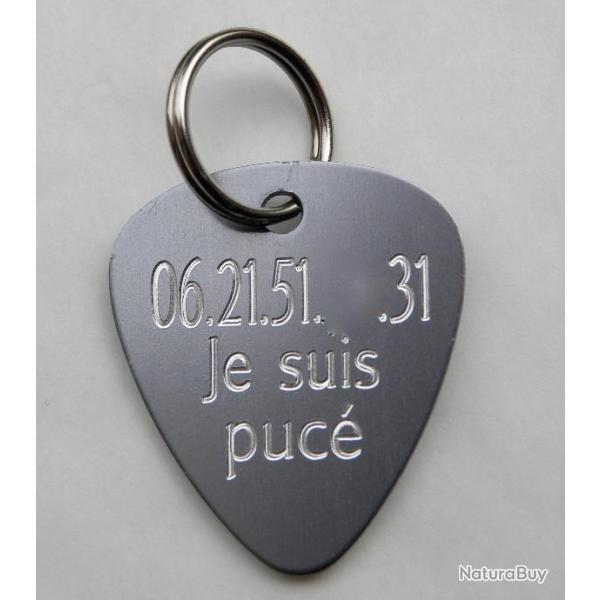 MEDAILLE GRAVE CHIEN CHAT forme de mediator ARGENT guitare GRAVURE offerte