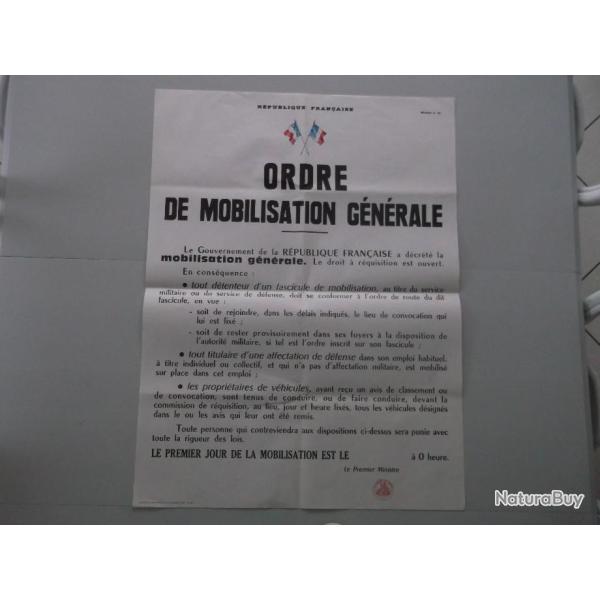 Affiche originale ordre de mobilisation 1939/1945