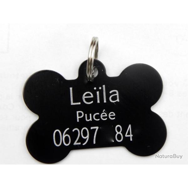 MEDAILLE Grav�e chien noire "os" grand mod�le gravure, personnalisation offerte