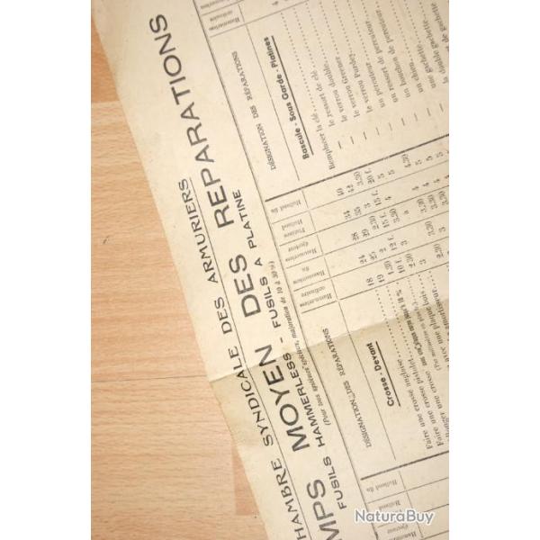 tarif r�parations CHAMBRE SYNDICALE ARMURIER 1950 / 60 -  (d8c3072)