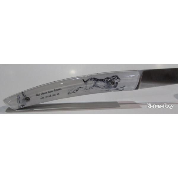 Couteau pliant "Louis Cau"avec manche resine decor Lievre, lame 9cm de tranchant
