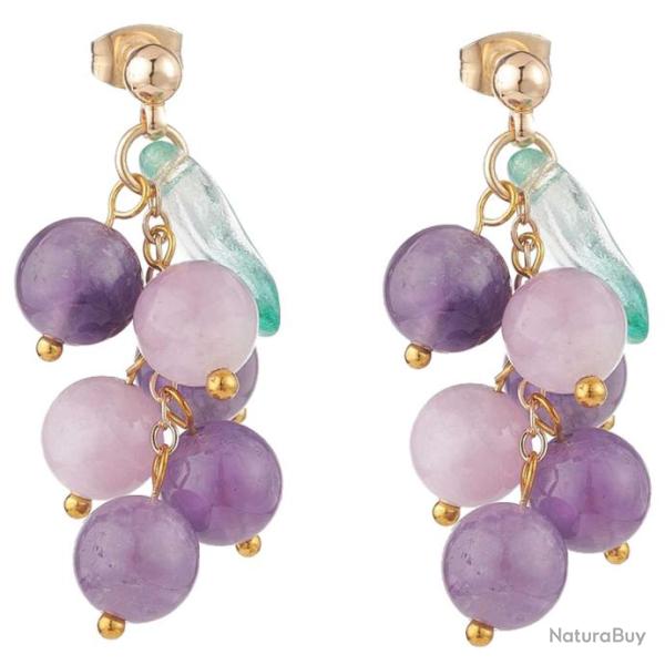 Boucles d'oreilles grappe en perles d'am�thyste et de kunzite
