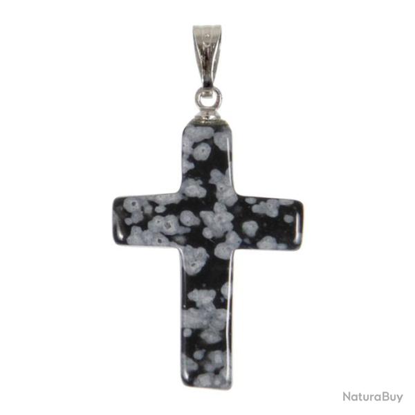 Pendentif croix crucifix en obsidienne neige