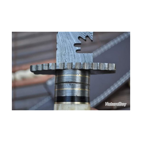 Couteau Bowie avec gaine - Lame en acier Damas et poigne en os (fbk)