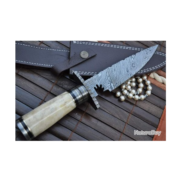 Couteau Bowie avec gaine - Lame en acier Damas et poign�e en os (2)