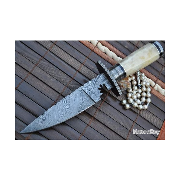 Couteau Bowie avec gaine - Lame en acier Damas et poign�e en os (3)