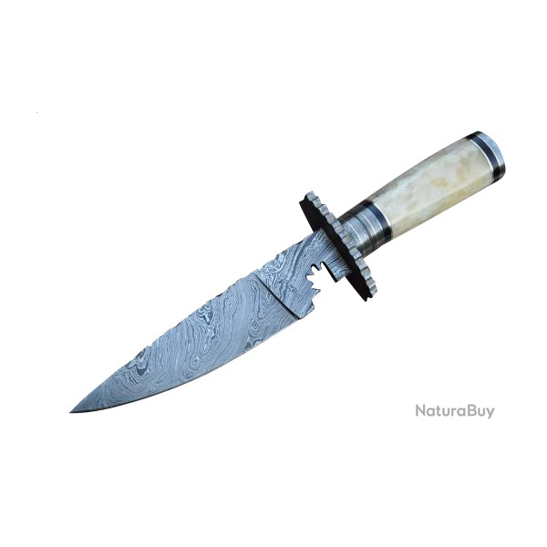 Couteau Bowie avec gaine - Lame en acier Damas et poigne en os (4)