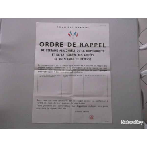 Affiche Ordre de rappel  guerre 39/45 - Affiche ORIGINALE