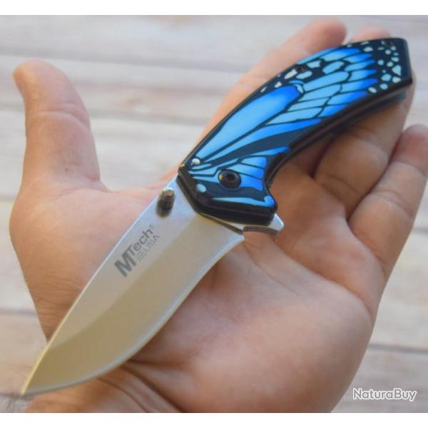 Couteau MTech Butterfly A/O Blue Manche D�cor Papillon Lame Acier 3CR13 Framelock MTA1005BL