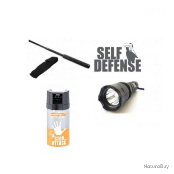 Pack d�fense Matraque T�lescopique + Lampe Torche Shocker 2.400.000 Volts + Lacrymo 40ML