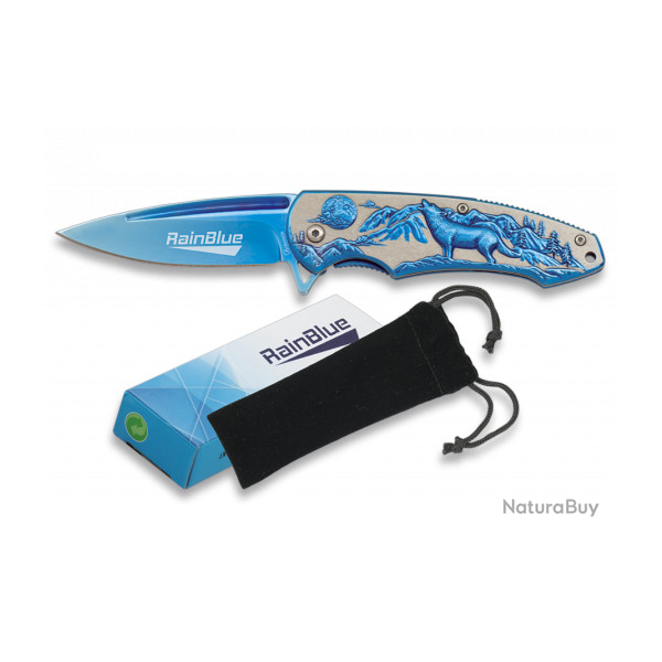 Couteau pliant de poche lame de 8.5 cm  � RainBlue � d�cor Loup couleur bleu