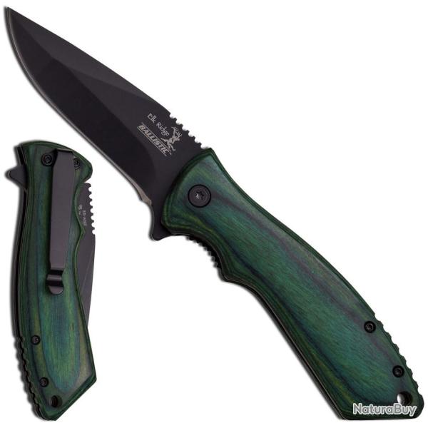 ELK RIDGE COUTEAU MANCHE BOIS+CLIP-LAME NOIRE 8.25CM OUVERTURE FACILE / ER-A002 - ER-A002GW