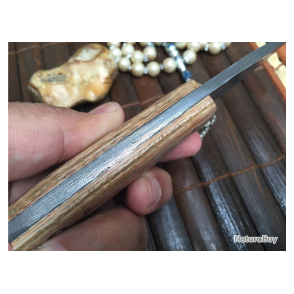 Petit couteau de chasse artisanal - Full Tang - Acier Damas - Couteau de cou (3)