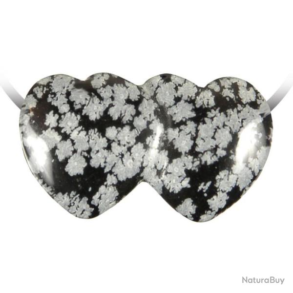 Pendentif double coeur pierre perc�e en obsidienne neige