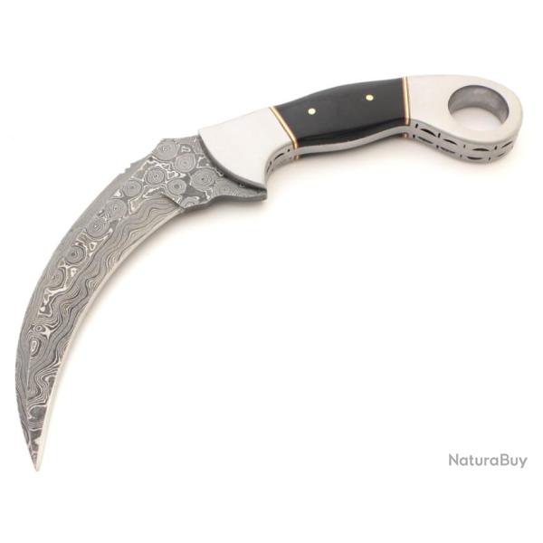 Couteau Damas Karambit Lame Acier 256 Couches Manche Corne Etui Cuir DM1177
