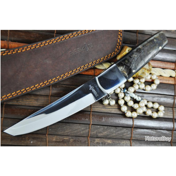 COUTEAU DE CHASSE LAME POLIE MIROIR - CORNE DE RAM B�LIER