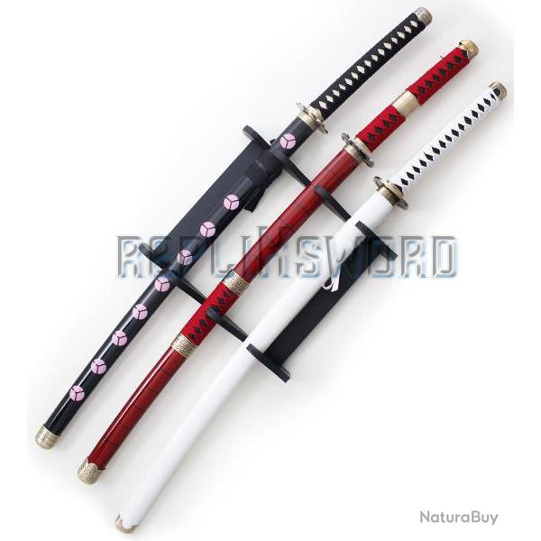 Lot 3 Katanas Tout en Bois One Piece Epees Lame en Bois + Support 3 Places Zoro Sabres Replique Zorr
