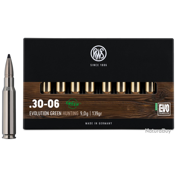 1 BOITE DE MUNITION  RWS 30-06 EVO GREEN  9 gr