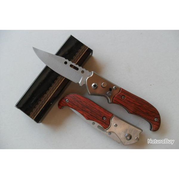 Petit Couteau Automatique Lame Acier 6,5 Cm Manche Bois 9 Cm Chasse P�che Bivouac