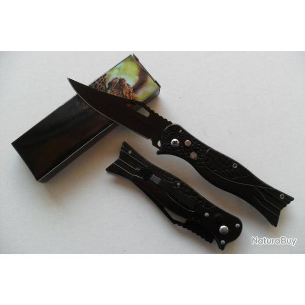 Couteau Automatique Lame Acier 9 Cm Manche Acier 11,5 Cm D�cor Poisson Chasse P�che Bivouac