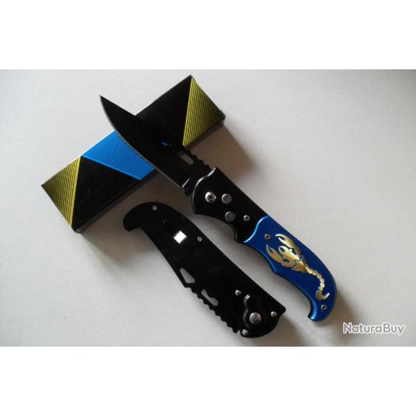 Couteau Automatique Lame Acier 9 Cm Manche Alu Grav� 11,5 Cm Chasse P�che Camping