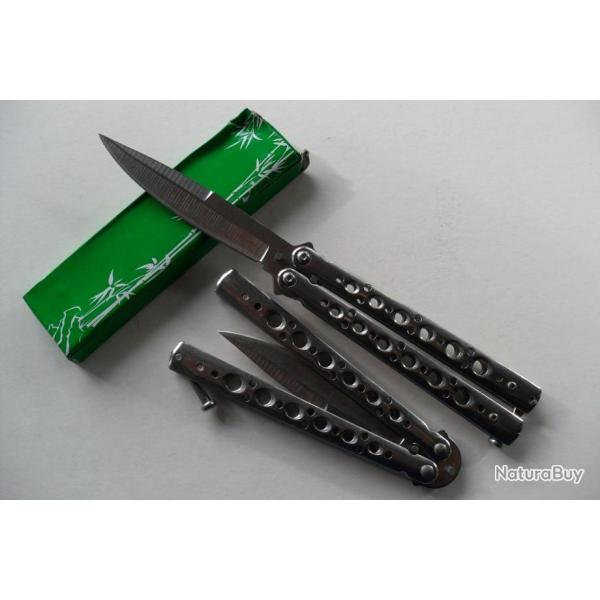 Couteau Papillon Balisong Trous 21,5 Cm Lame Acier Inoxydable Manche En Acier Tactique