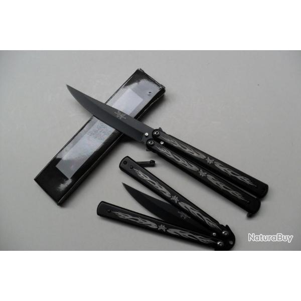 Couteau Papillon Balisong D�cor Feu 21,5 Cm Lame Acier Inoxydable Manche En Acier Tactique