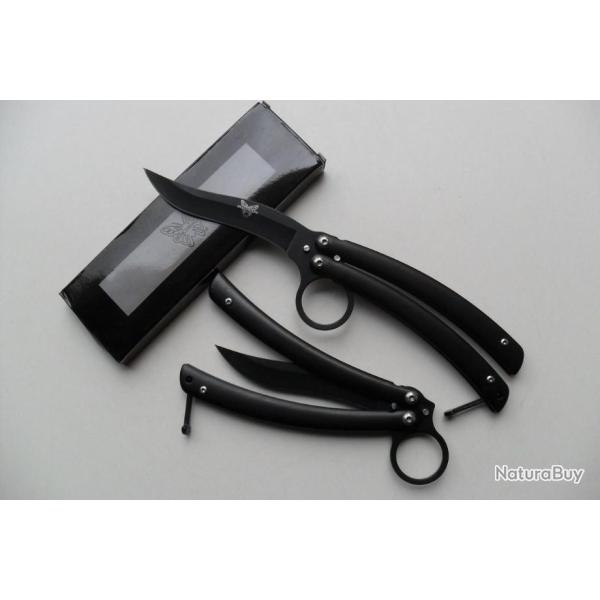 Couteau Papillon Balisong Avec Anneau 21 Cm Lame Acier Inoxydable Manche En Acier Noir Tactique