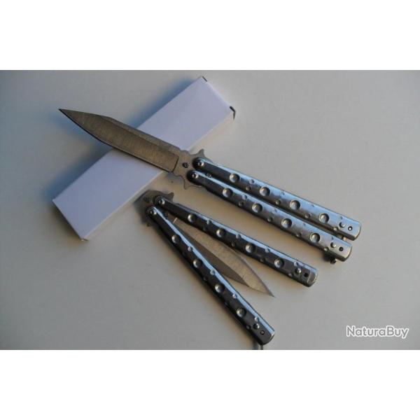 Couteau Papillon Balisong Pastilles 22 Cm Lame Acier Inoxydable Manche En Acier Tactique