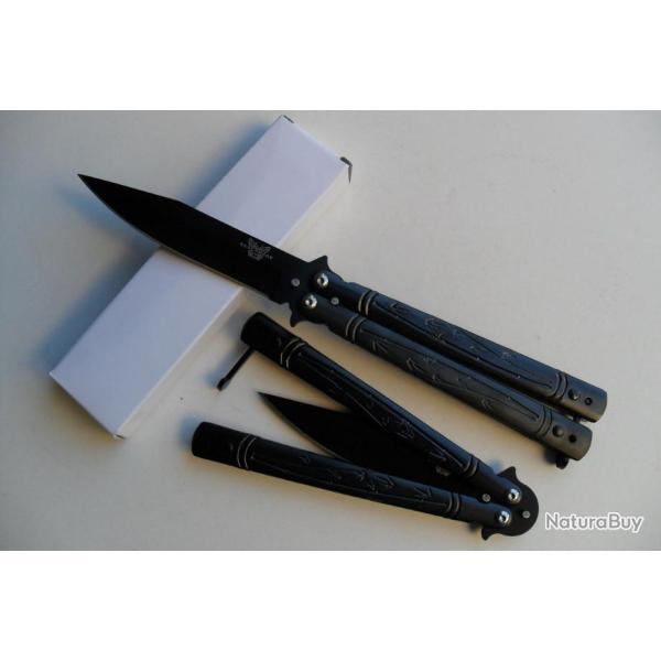 Couteau Papillon Balisong Branches Noires 22 Cm Lame Acier Inoxydable Manche En Acier Tactique