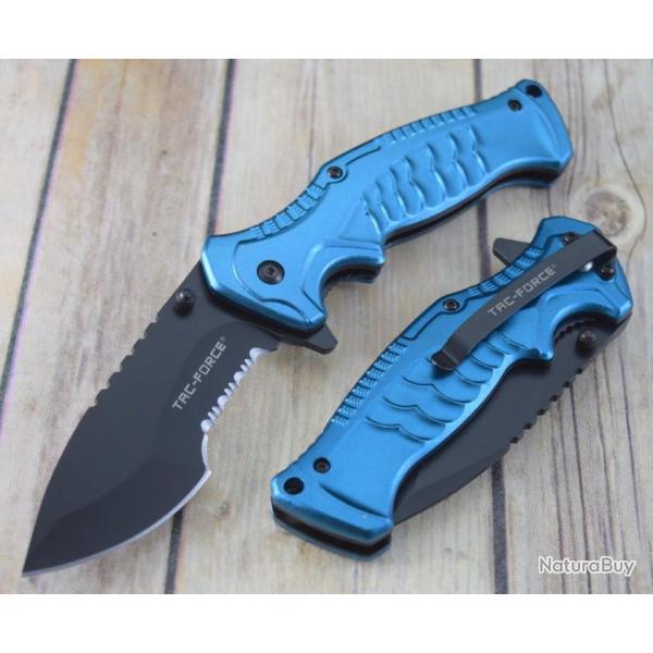 Couteau Tactical Tac-Force A/O Lame Acier 3Cr13 Serrated Manche Blue Aluminium TF993BL
