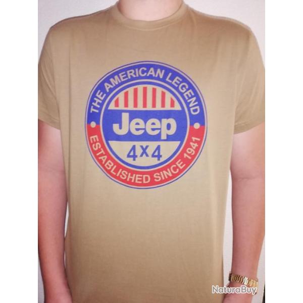 T SHIRT beige JEEP THE AMERICAN LEGEND US WW2 WILLYS FORD 4X4 MB GPW M 201 TEE MILITARIA