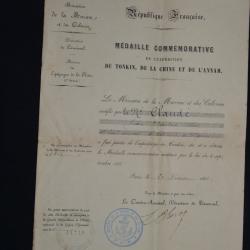 DIPL&Ocirc;ME MEDAILLE TONKIN-CHINE & ANNAM-CERTIFICAT BONNE CONDUITE-ARTILLERIE DE MARINE 1886-COLONIE