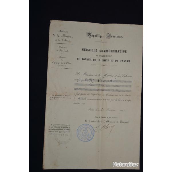 DIPL�ME MEDAILLE TONKIN-CHINE & ANNAM-CERTIFICAT BONNE CONDUITE-ARTILLERIE DE MARINE 1886-COLONIE