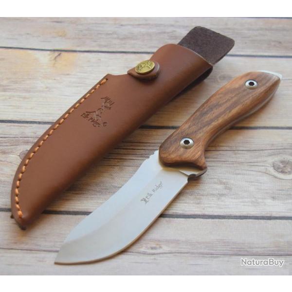 Couteau de Chasse Rando Elk Ridge Lame Acier 3Cr13 Manche Bois Etui Simili Cuir ER20003RW