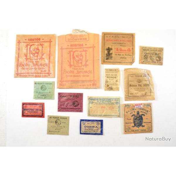 Lot sachets de collection p�che, �tui racine japonaise, hame�ons vintage, collection peche ancien E