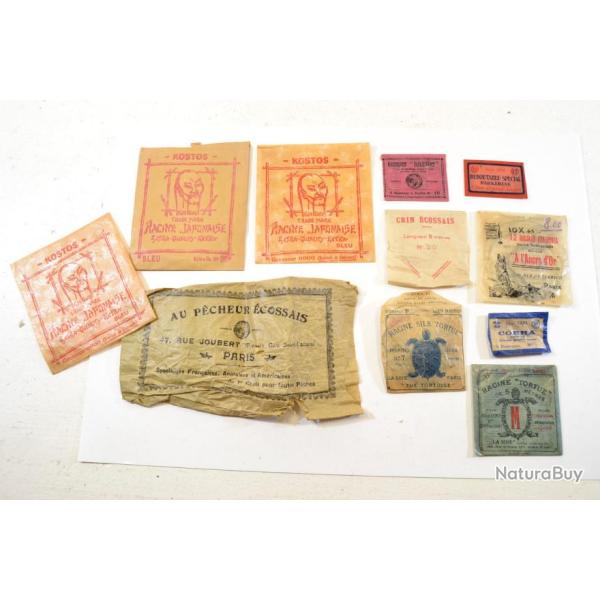 Lot sachets de collection p�che, �tui racine japonaise, hame�ons vintage, collection peche ancien F