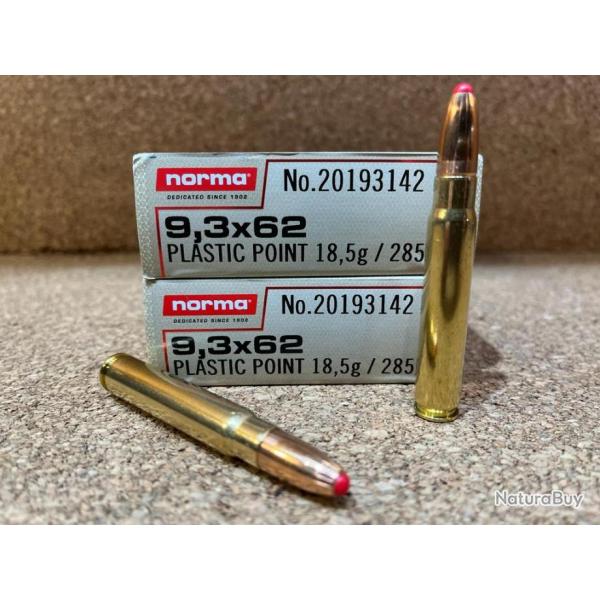 LOT DE 2 BOITES DE MUNITIONS NORMA 9.3X 62 POINTE PLASTIQUE, PPDC, DUAL CORE, 18.5 GR